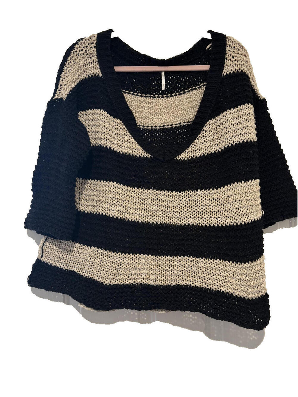 Free People black stripe cotton sz M 3/4 sleeve nautical sweater‎ open knit A